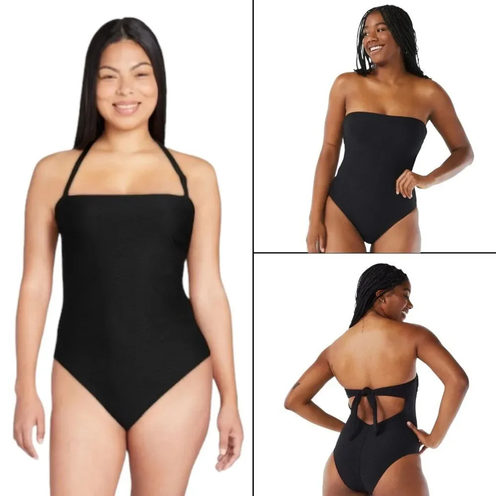 One-piece Convertible Black Chevron Swimsuit, medium. Swim bathing suit halter